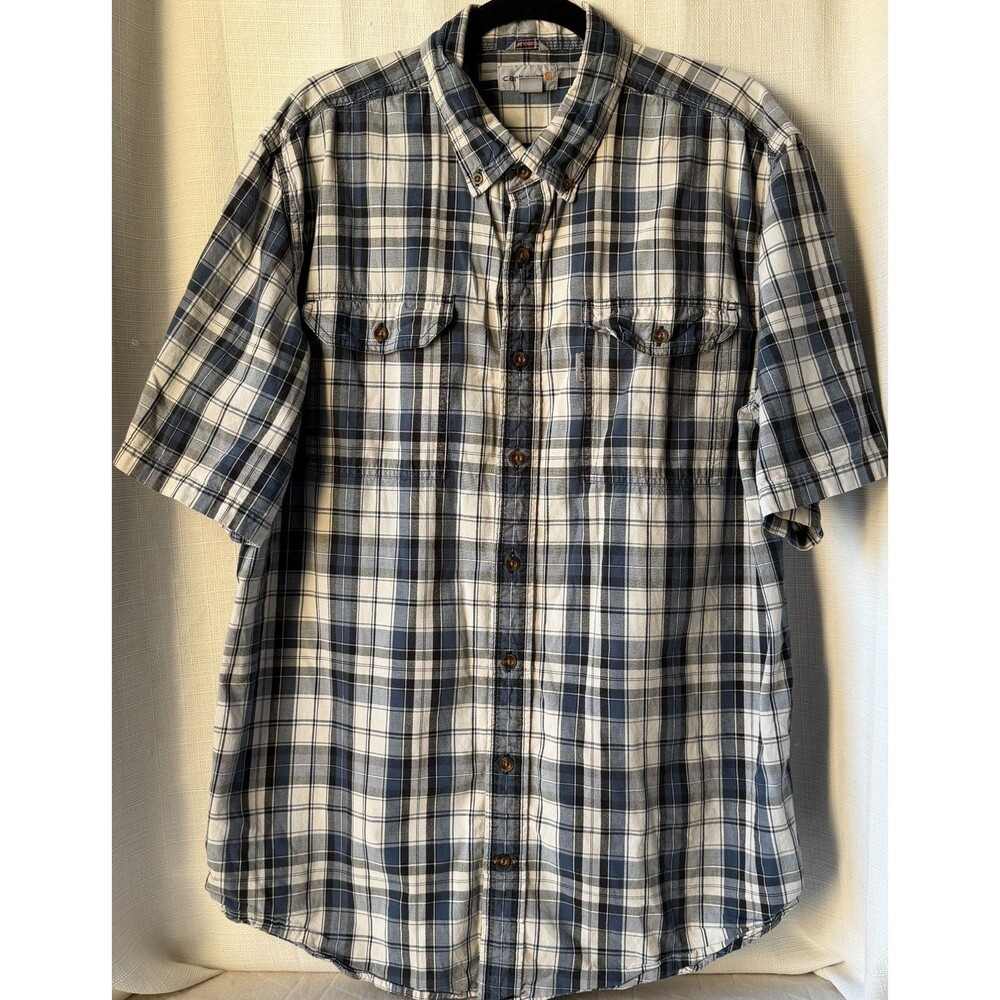 Carhartt Men's XL Tall Relaxed Fit Plaid Short Sleeve Button Down Shirt Blue